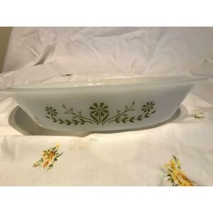Vintage Glasbake Green Daisy Divided Casserole‎ Dish - Mid Century USA
